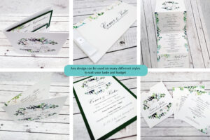 An image showing a white rose design on different wedding invitation styles